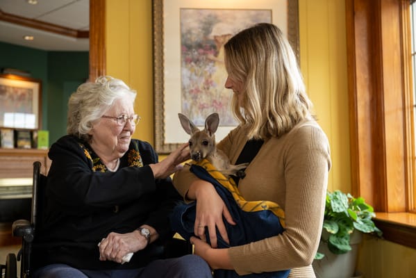 Resident interacting with staff and a kangaroo in a common area