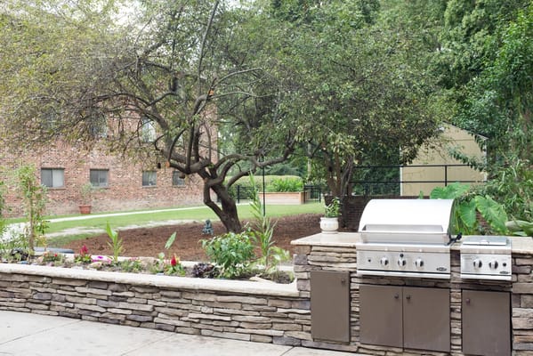 Outdoor space with a barbeque and garden area