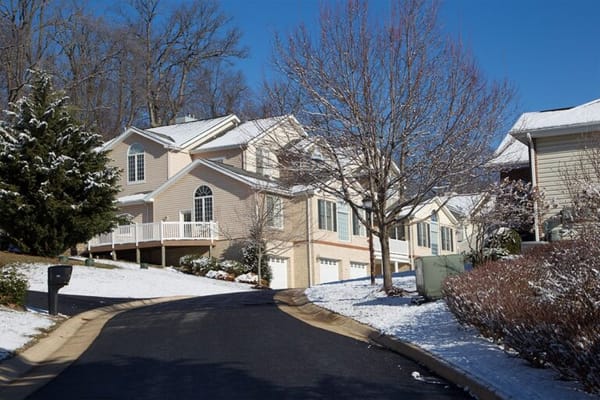Exterior view of a retirement community building in winter
