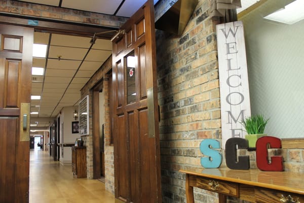 Welcoming interior space with signage at the entrance