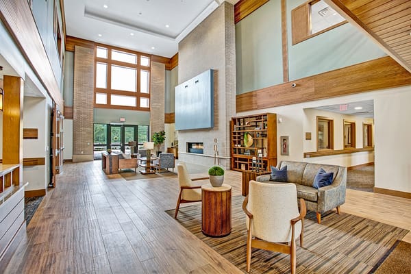 Bright and spacious lobby of a senior living facility