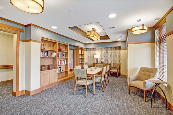 A cozy reading area in a senior living facility