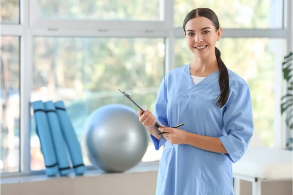 Staff member in a therapy room holding a clipboard