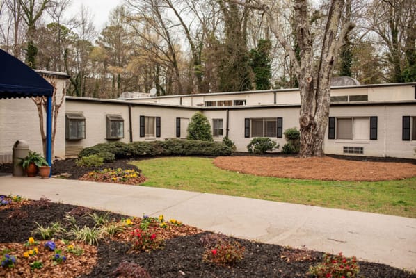 View of the landscaped outdoor area with seating