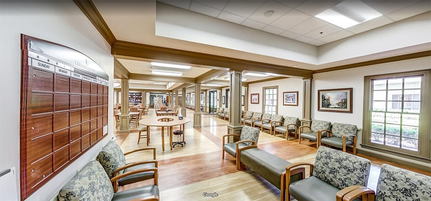 Interior view of a common area with seating