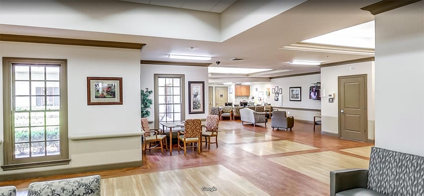 A bright common area in the facility with seating