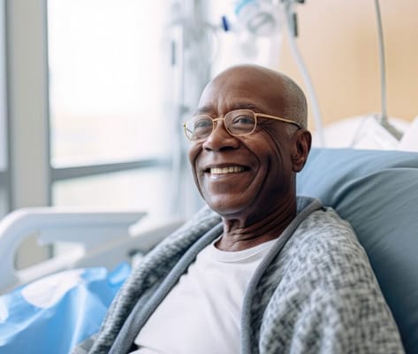 A smiling senior man in a hospital bed.