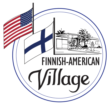 Logo with American and Finnish flags and building illustration