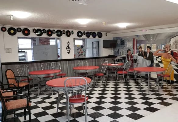 Interior common area with retro decor and seating