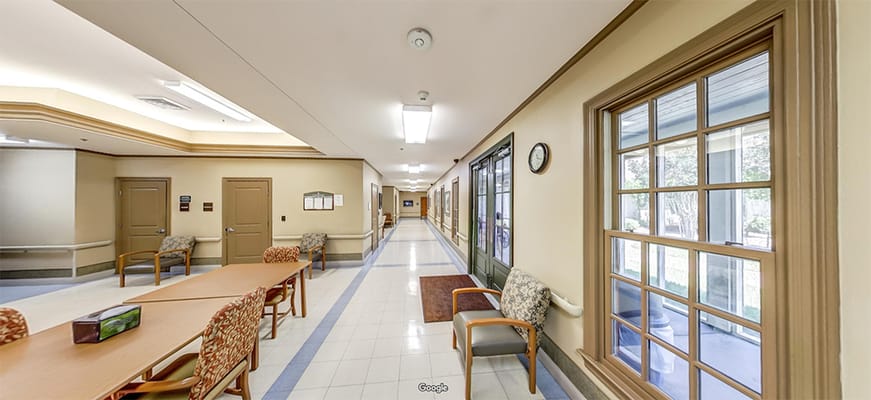 Interior hallway of a senior living facility