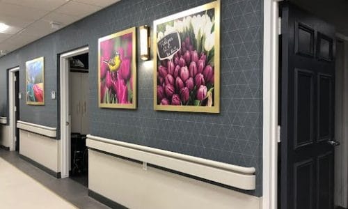 Colorful floral artwork in a corridor