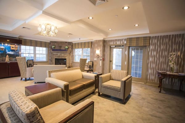 Interior common area with seating and fireplace