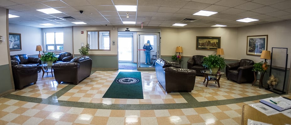Interior lobby with seating and plants