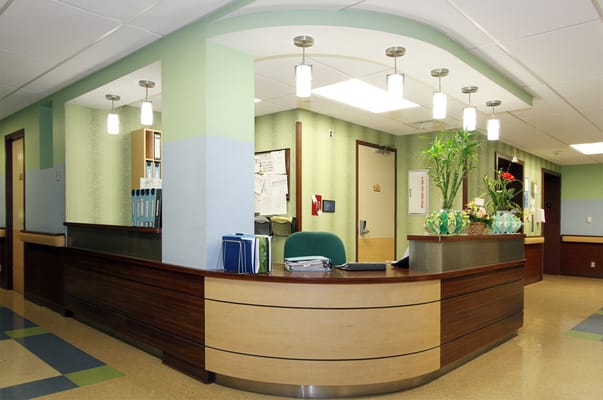 Reception area with modern decor and lighting