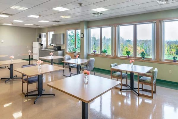 Common area with tables and scenic views