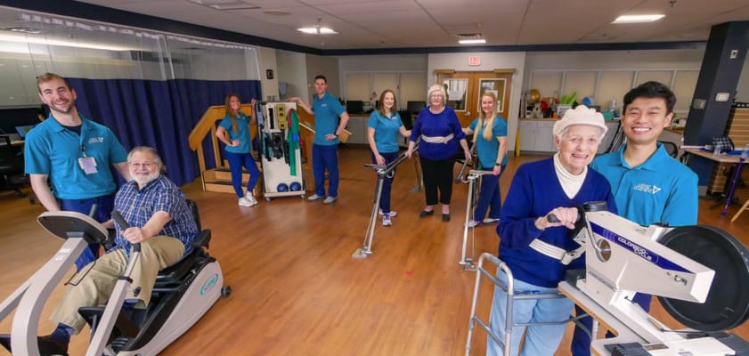 Residents and staff participating in a rehabilitation activity