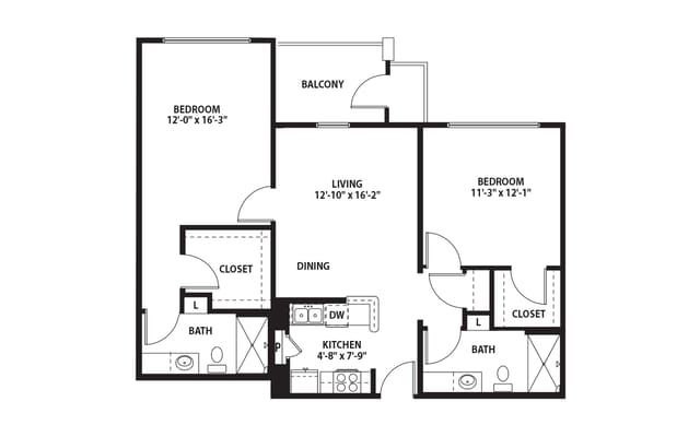Architectural floor plan of a two-bedroom apartment