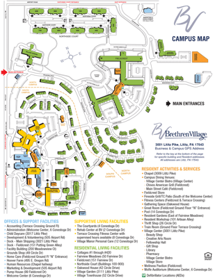 Campus map of Brethren Village showing facility layout