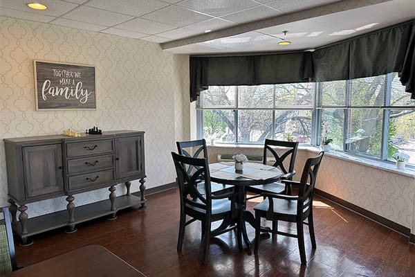 Cozy common area with table, chairs, and natural light