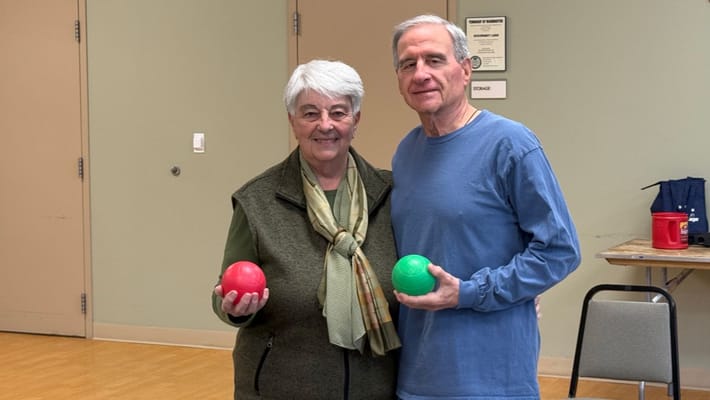 Residents participating in an indoor activity with colored balls