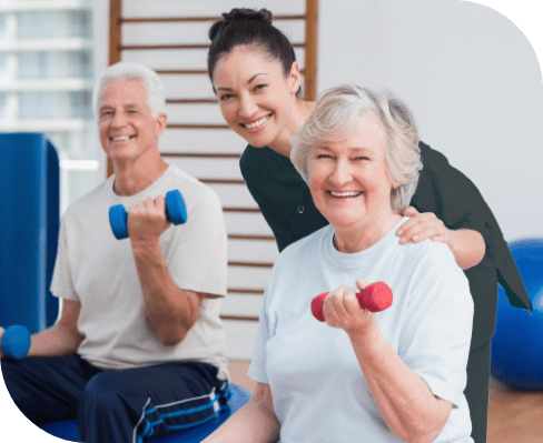 Residents and staff engaging in a fitness activity