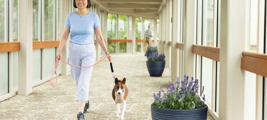 A resident walking a dog in a corridor
