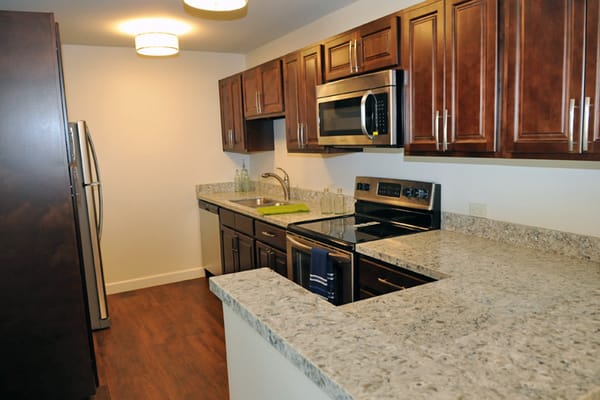 Modern kitchen interior with wooden cabinets and appliances