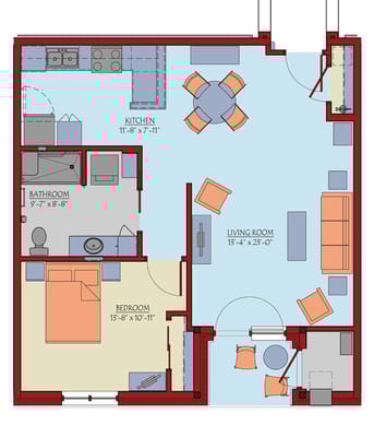 Floor plan of a one-bedroom apartment layout