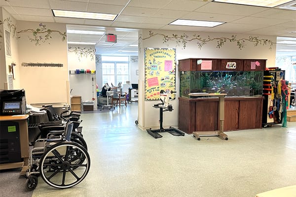 Interior common area with an aquarium and therapy equipment
