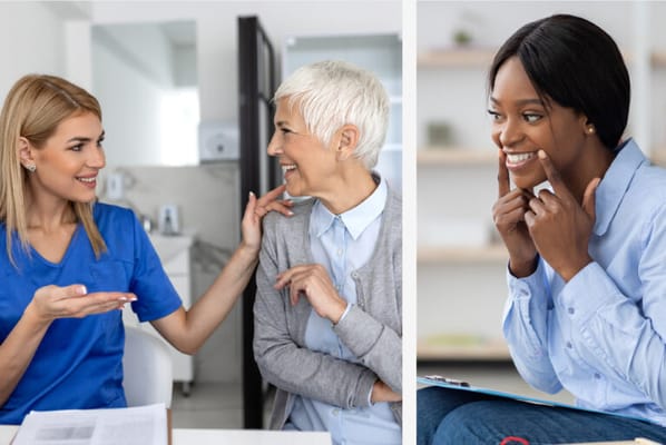 Staff interacting warmly with residents in an interior space