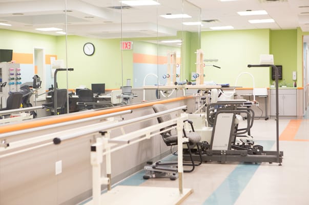 Well-equipped therapy room with exercise equipment
