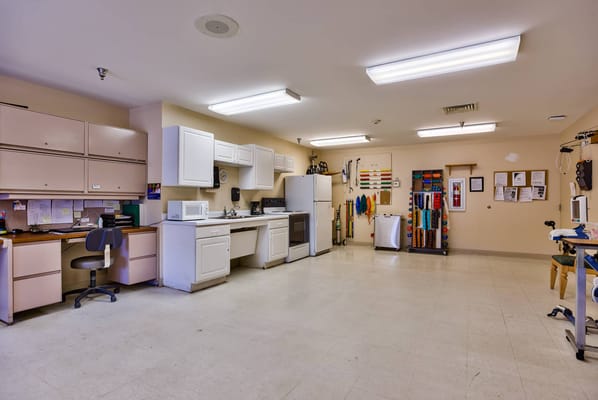 Bright, clean kitchen area at a nursing center