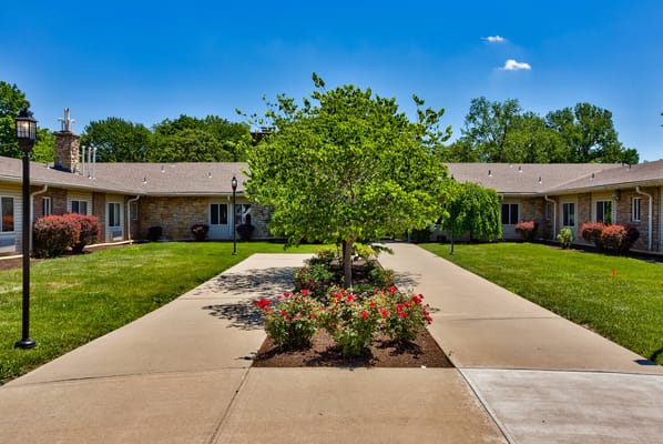 Outdoor courtyard with flowering plants and pathways