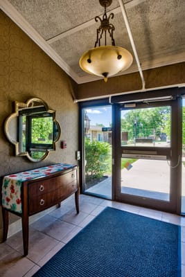 Interior entrance of a senior living facility with natural light