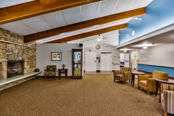 Interior view of a common area with seating.