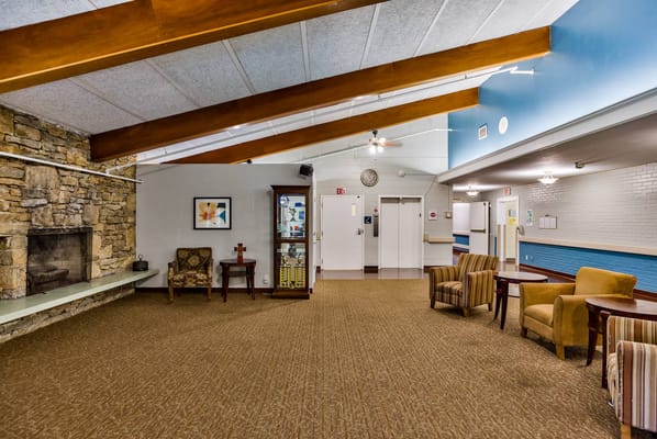 Interior view of a common area with seating.