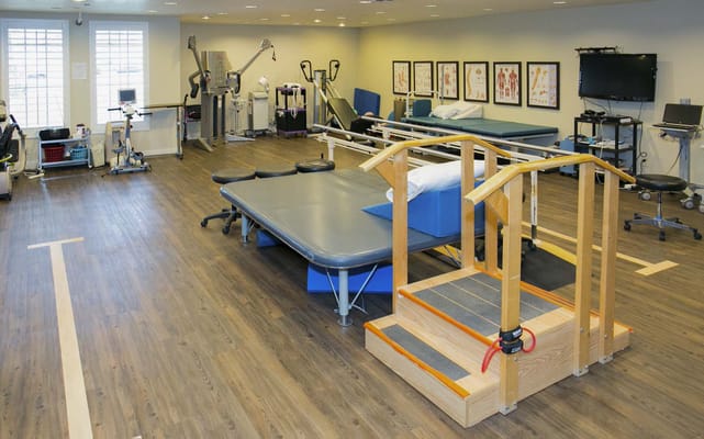 Interior rehabilitation gym with exercise equipment
