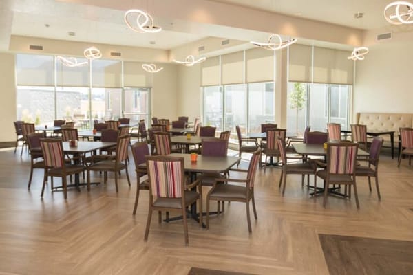 Bright dining room with tables and modern decor