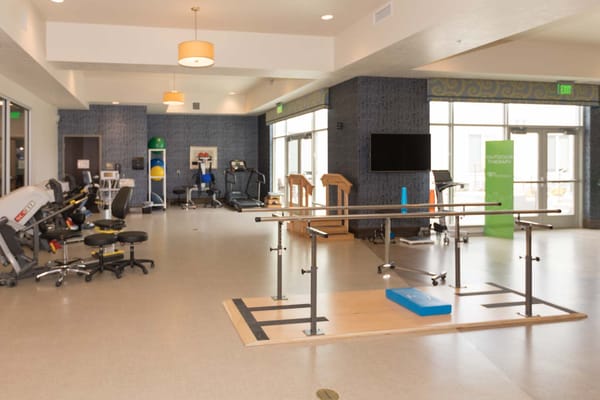 Interior therapy room with exercise equipment