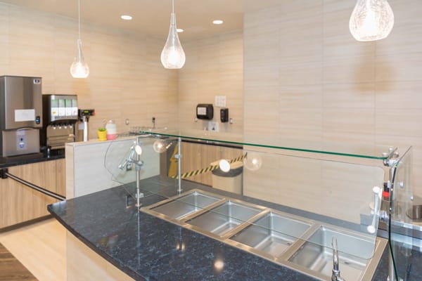 Interior view of a clean kitchen service area