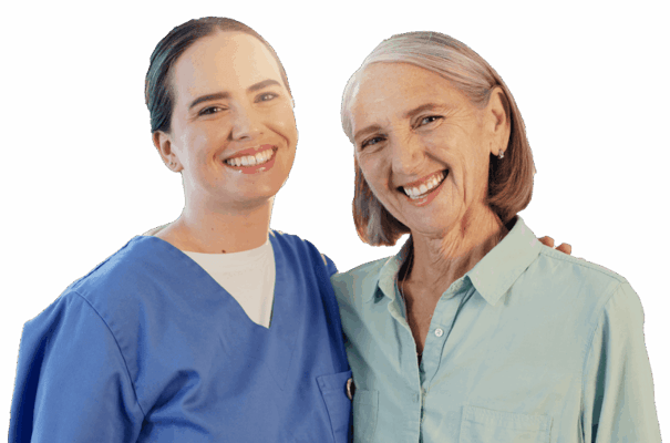 Caregiver and resident smiling together