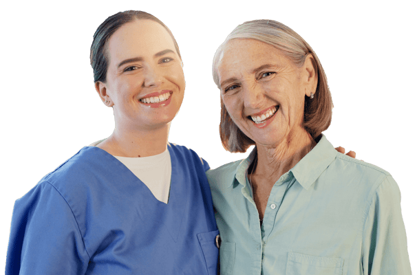 Caregiver and resident smiling together