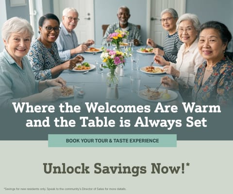 Residents enjoying a meal together in a dining room