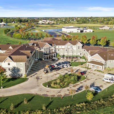 Aerial view of St Michael Assisted Living facility with greenery