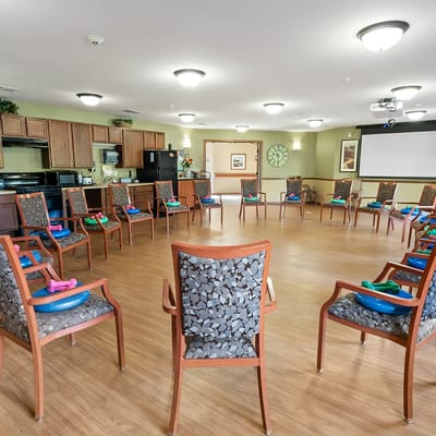 Empty activity room set up for exercise class