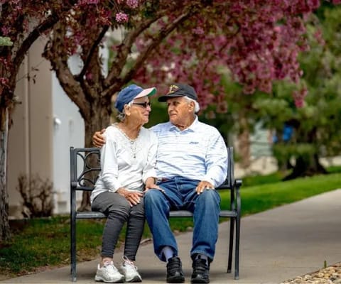Couple enjoying time together on a bench under flowering trees