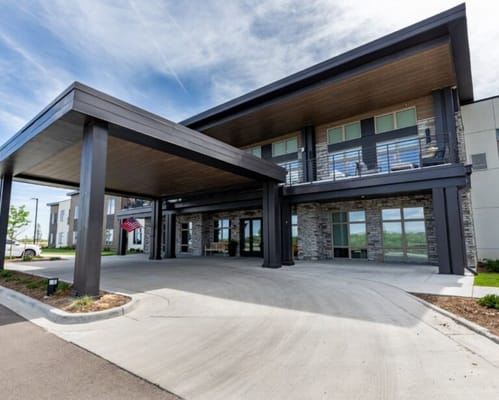 Front entrance of a modern assisted living facility