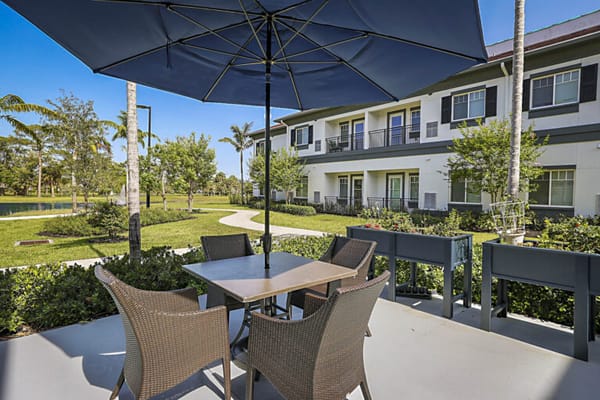 Outdoor seating area with umbrellas and landscaping