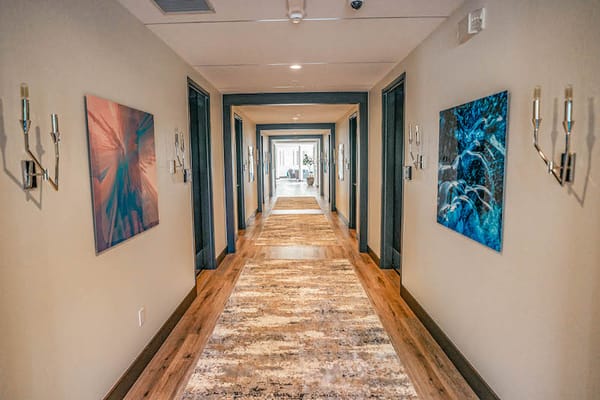 Well-decorated hallway with art and lighting