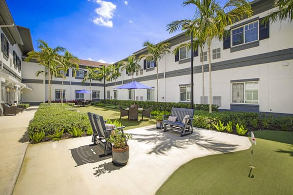 Outdoor seating area with palm trees and umbrellas